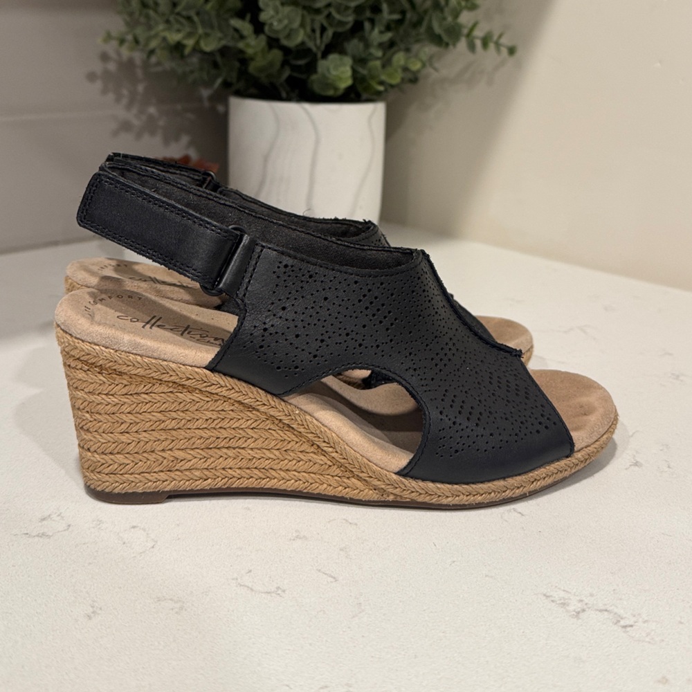 Clarks Collection Black Peep-Toe Wedges